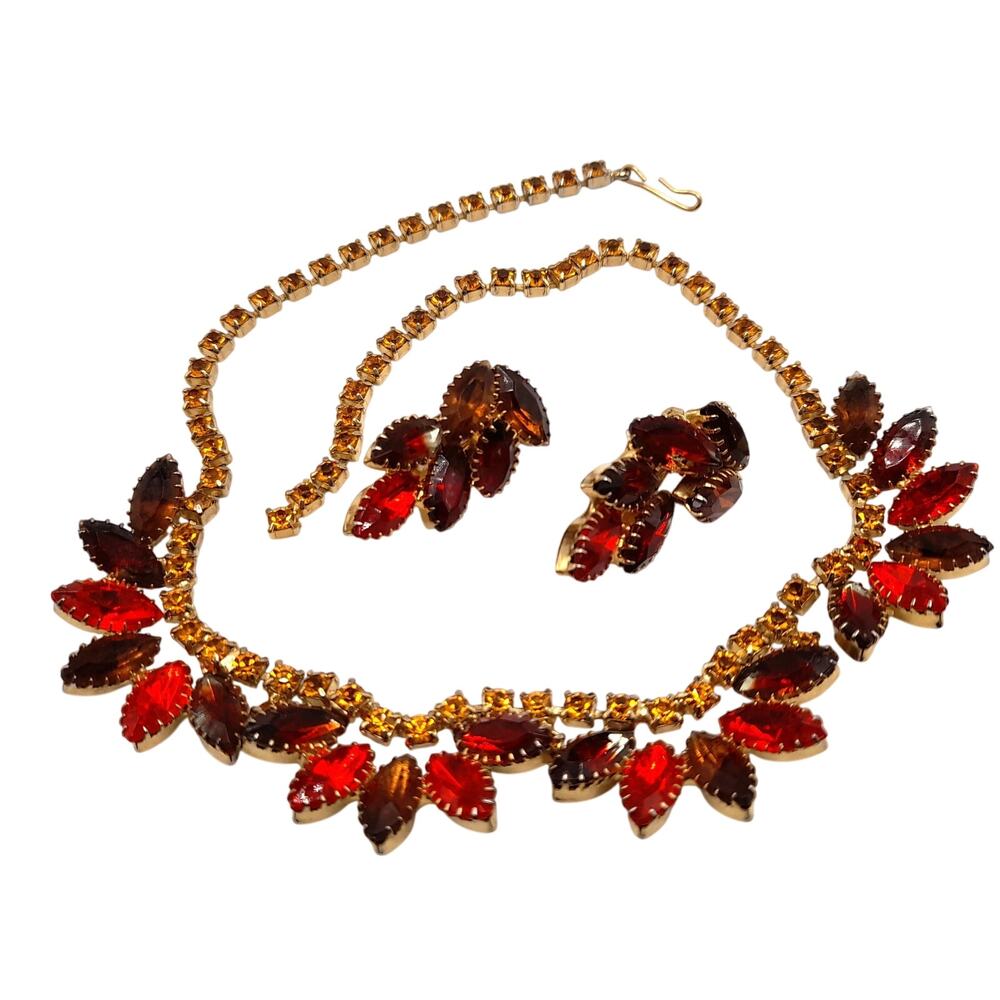 Vintage Orange Topaz Rhinestone Necklace Earring Set Gold Tone